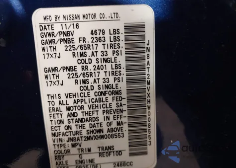 2017 Nissan Rogue S z USA, uszkodzony, nr VIN JN8AT2MVXHW008553